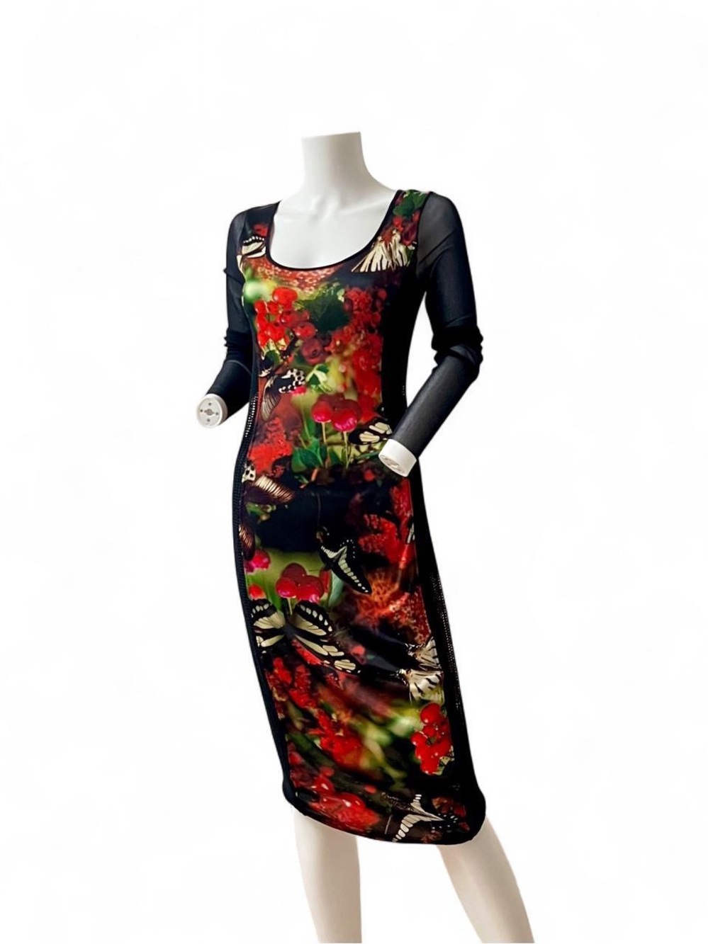 Jean Paul Gaultier Black Sheath Dress with Red and Green Floral Butterfly Print